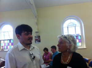 Alex chatting to Margaret his business mentor who owns Patchwork Pate. 